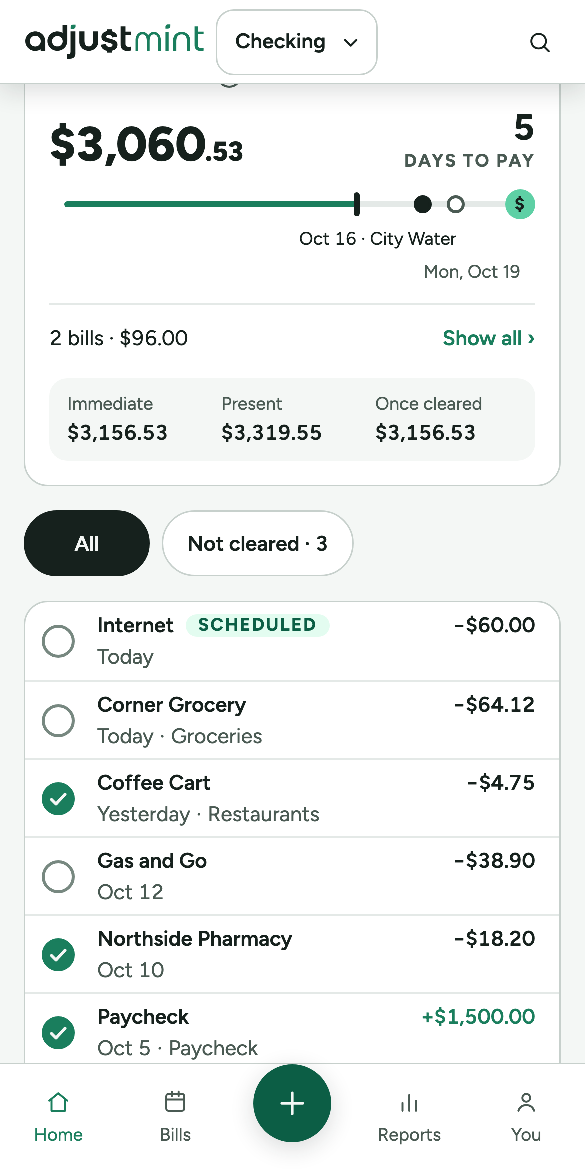 The same phone screen, scrolled down. At the top of the transaction list, an Internet bill for $60.00 dated today carries a badge reading Scheduled, marking a bill that entered itself on its due date. The rows below it show cleared transactions with filled circles and uncleared ones with empty circles.