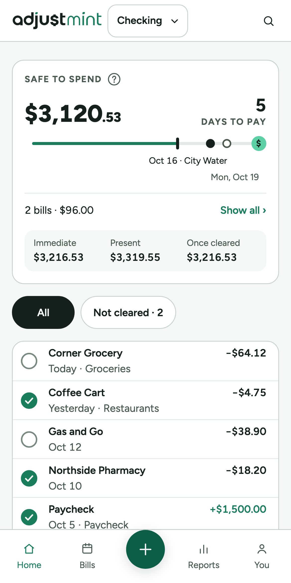 A phone screen headed Safe to spend, showing $3,120.53 and five days to pay. Below it a horizontal track runs from today to payday, with a marker on Oct 16 labelled City Water and the payday marker at the end. Under the track, two bills totaling $96.00, then a strip of three balances: Immediate, Present and Once cleared. A list of transactions follows, each with a circle that is filled when the transaction has cleared.