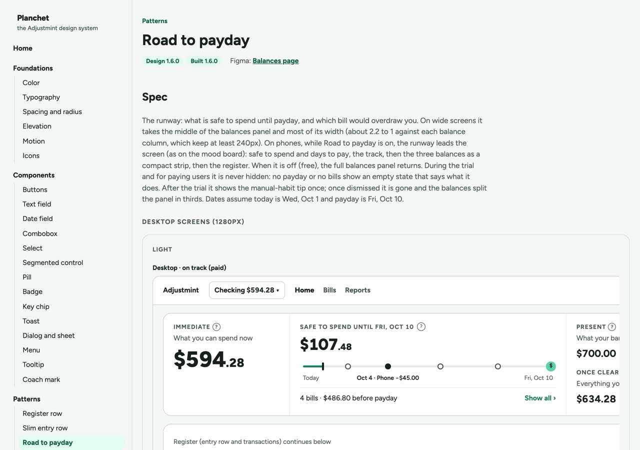 The Road to payday pattern page, carrying a Design 1.6.0 badge, a Built 1.6.0 badge and a link to its Figma page. A specification paragraph describes how the runway behaves on wide screens and on phones. Below it, a group labelled Light holds a desktop screenshot of the built app, showing the account header and then Immediate, Safe to spend with its track, and Present across the balances panel.